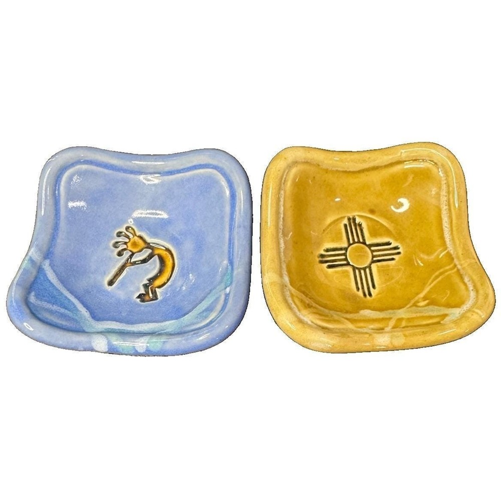 VTG Pretty Pottery Albuquerque NM Trinket Pair Zia Sun/Kokopelli USA Stamped PP